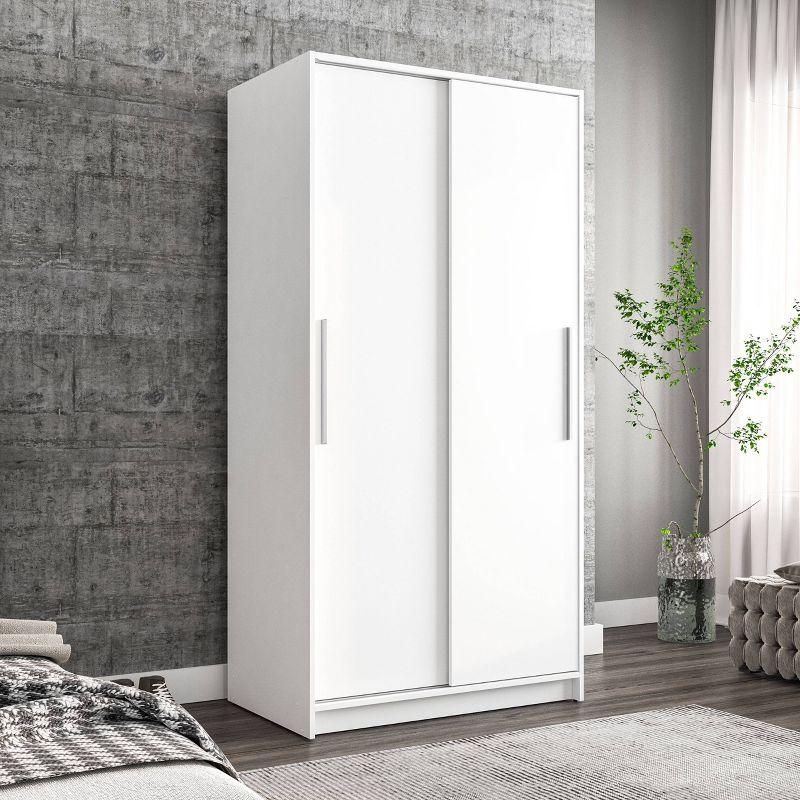 White Modern Clothing Armoire with Sliding Doors