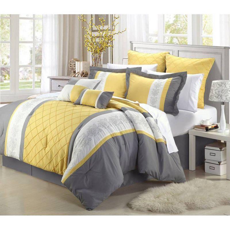Elegant Yellow Microfiber Queen Comforter Set with Floral Embroidery