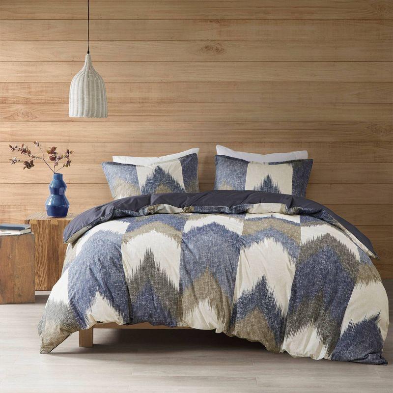 Full/Queen Navy Cotton Ikat Chevron Duvet Cover Set