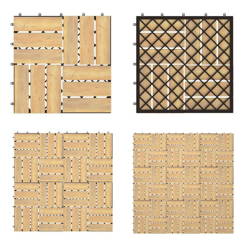 Costway 10PCS 12'' x 12'' Acacia Wood Deck Tiles Interlocking Patio Pavers Check Pattern