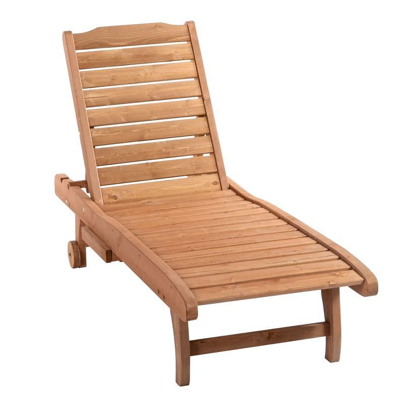 Outsunny Outdoor Chaise Lounge Pool Chair, Built-In Table, Reclining Backrest for Sun tanning/Sunbathing, Rolling Wheels, Red Wood Look