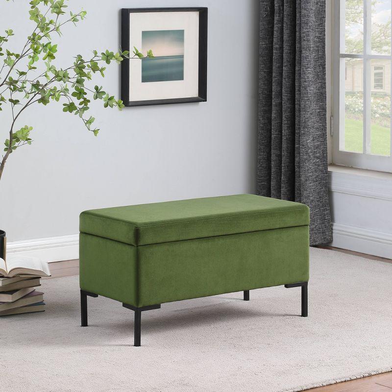 Medium Storage Bench with Metal Legs Green Velvet - HomePop: Upholstered Rectangular Ottoman for Bedroom, 250lb Capacity