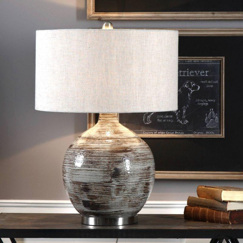 Uttermost Modern Table Lamp 27 1/2" Tall Distressed Blue-Gray Bronze Ceramic Linen Fabric Drum Shade for Living Room Bedroom House