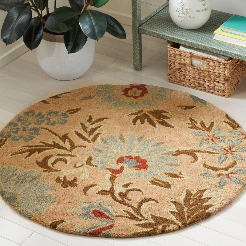 Elegant Hand-Knotted Wool Floral Round Rug in Beige/Multi, 4' Diameter