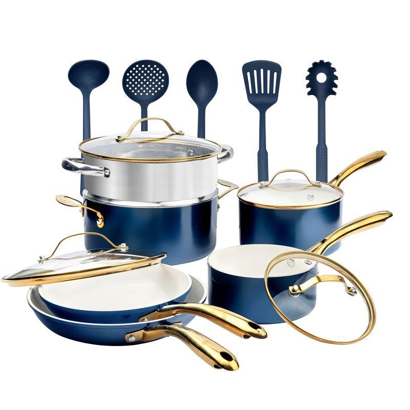 Gotham Steel Cream/Navy 15 pc Nonstick Cookware Set