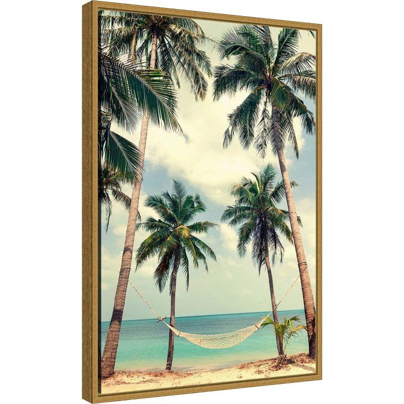 16" x 23" Palm Sky 3 by Design Fabrikken Framed Canvas Wall Art - Amanti Art: Tropical Hammock Scene, Modern Decor