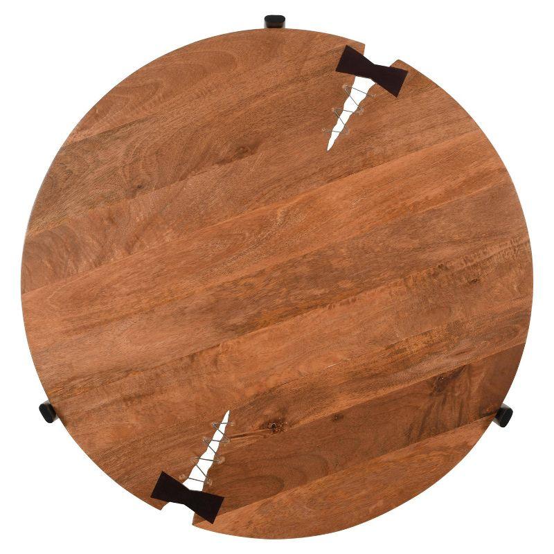 The Urban Port 31" Handcrafted Round Live Edge Mango Wood Coffee Table with Cracks and Stitches Black Iron Legs Brown/Black