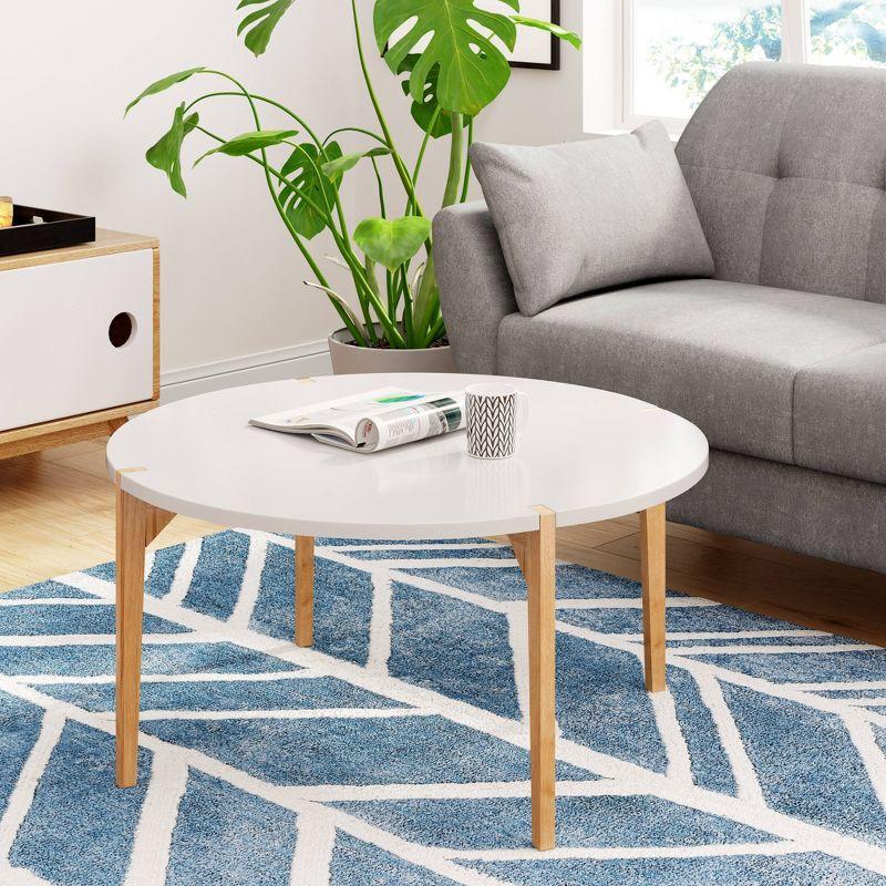 Modern Oak and White Round Coffee Table with Solid Wood Legs