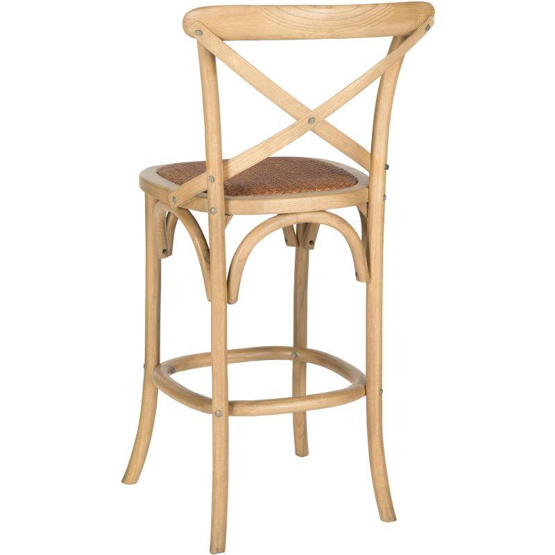 Transitional Weathered Oak Cross-Back Bar Stool with Rattan Seat