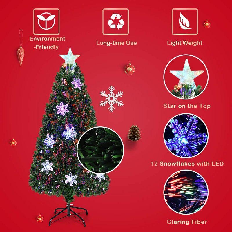 Tangkula 5'Pre-Lit Optical Fiber Artificial Christmas Tree w/ Multicolor LED Lights Snowflakes