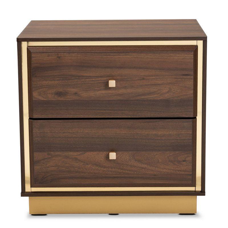 Cormac Wood & Metal Nightstand: Tapered Knobs, Storage, Walnut/Gold - Baxton Studio