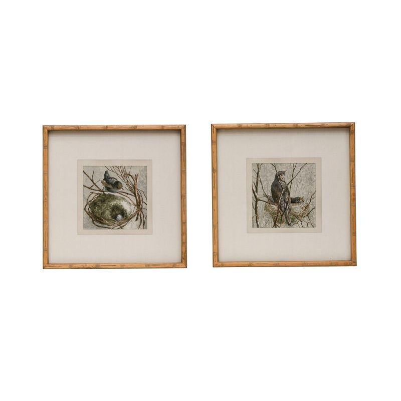 Storied Home (Set of 2) 18" Square Wood Framed Wall Arts with Bird and Nest : Modern Decor, Sawtooth Back Mount