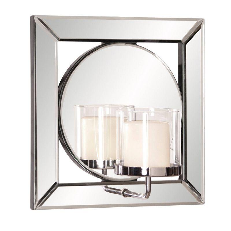 Howard Elliott Square Mirror with Candle Holder Silver: 12" Modern Wall-Mounted, Wood Frame, No Assembly Required