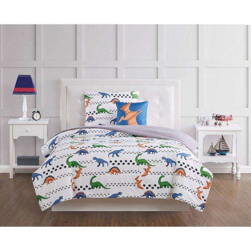 Twin 3pc Dino Tracks Reversible Kids' Comforter Set White - My World: Dinosaur Bedding for Boys, Includes Pillow Sham
