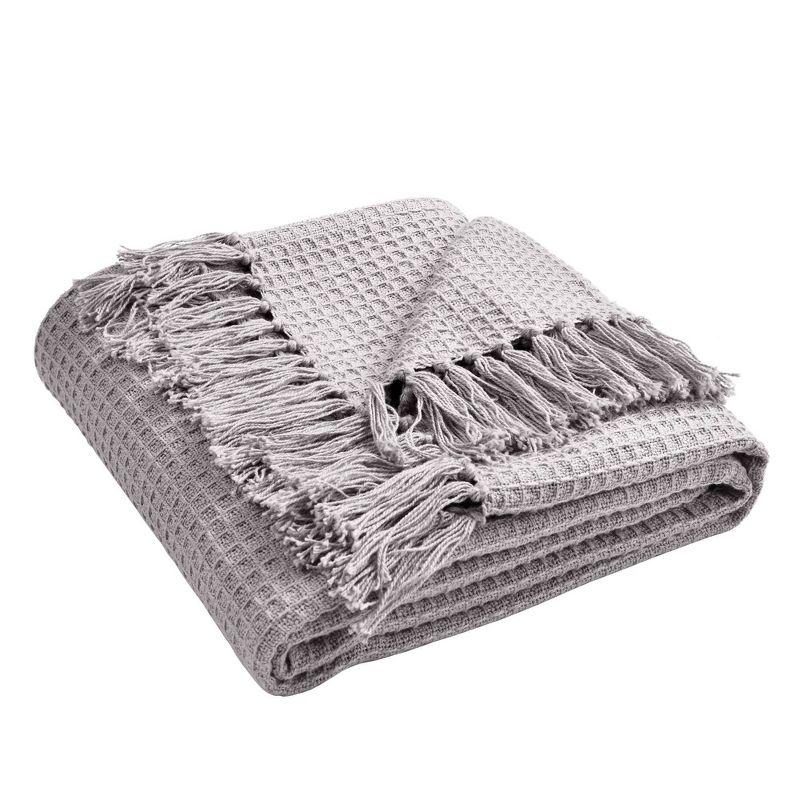 Light Gray Cotton Waffle Knit Throw Blanket with Tassels