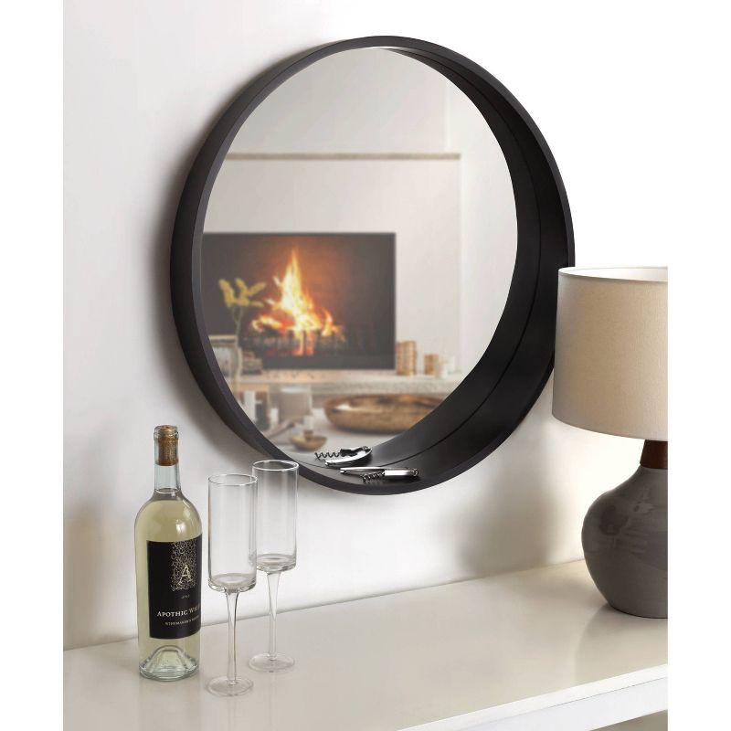 Black Round Wood Framed Wall Mirror with Shelf