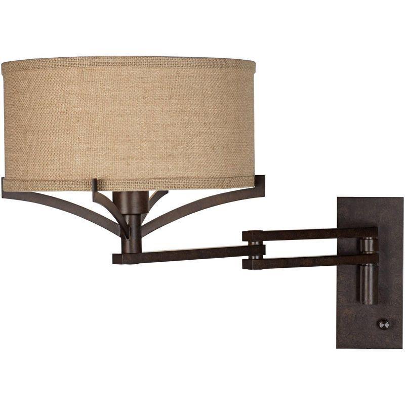 Franklin Iron Works Tremont Farmhouse Rustic Swing Arm Wall Lamp with Cord Cover Bronze Metal Plug-in Light Fixture Tan Burlap Drum Shade for Bedroom