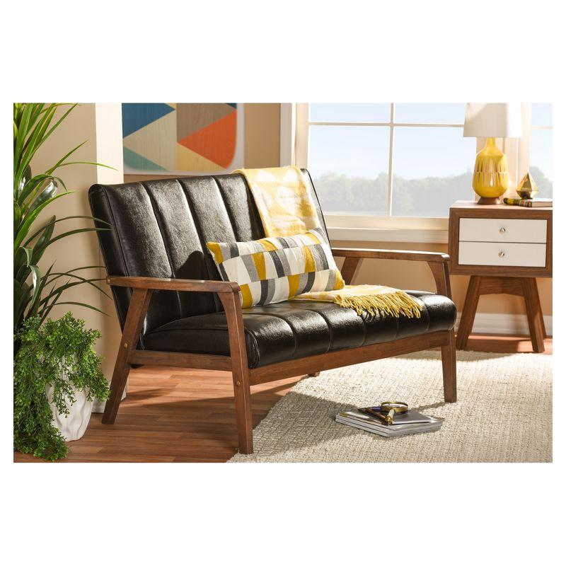 Nikko Mid-Century Modern Scandinavian Style Faux Leather Wooden 2 Seater Loveseat - Baxton Studio