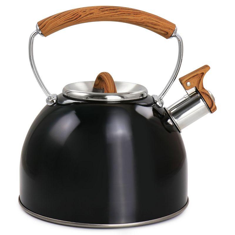 Mr. Coffee 2 Quart Stainless Steel Whistling Tea Kettle with Wood Pattern Handle in Black