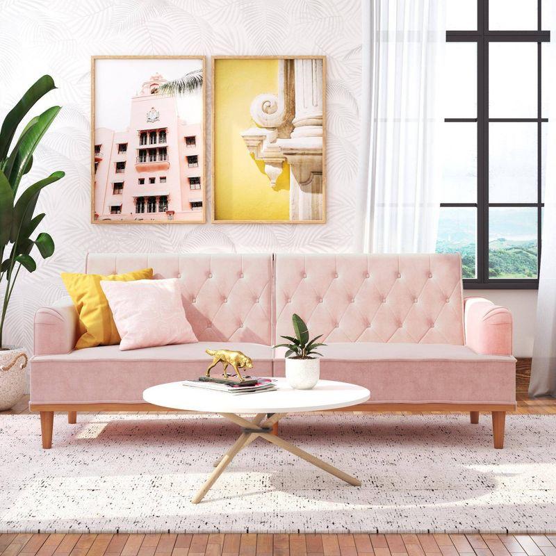 Stella Vintage Pink Velvet Convertible Sofa Bed with Wood Trim