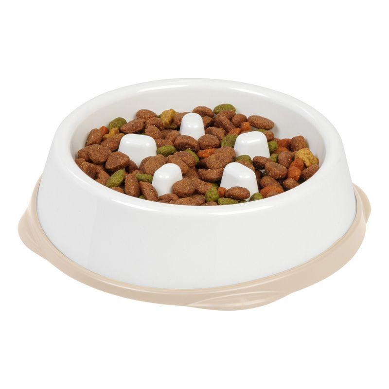 IRIS USA 2 Cup Slow Feeder Dog Bowl for Long Snouted Pets, White/Beige