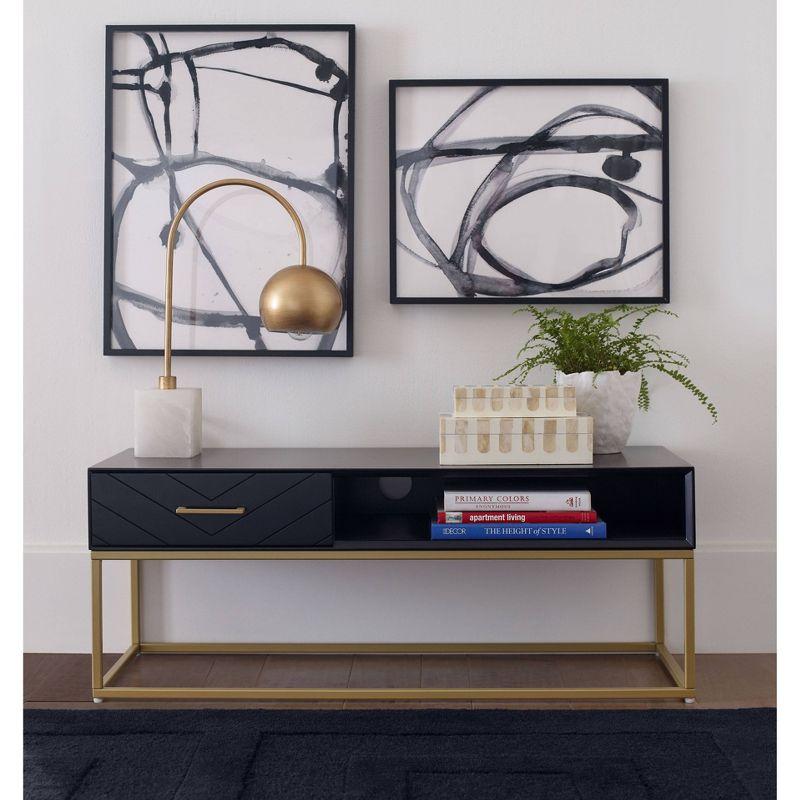 Tommy Hilfiger Tommy Hilfiger Ellias Modern TV Console Stand with 1 Drawer, Glossy Black Top, Golden Metal Frame