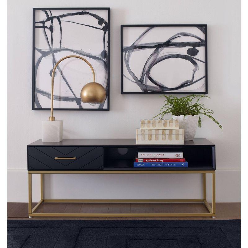 Tommy Hilfiger Ellias Modern TV Console Stand with 1 Drawer, Glossy Black Top, Golden Metal Frame