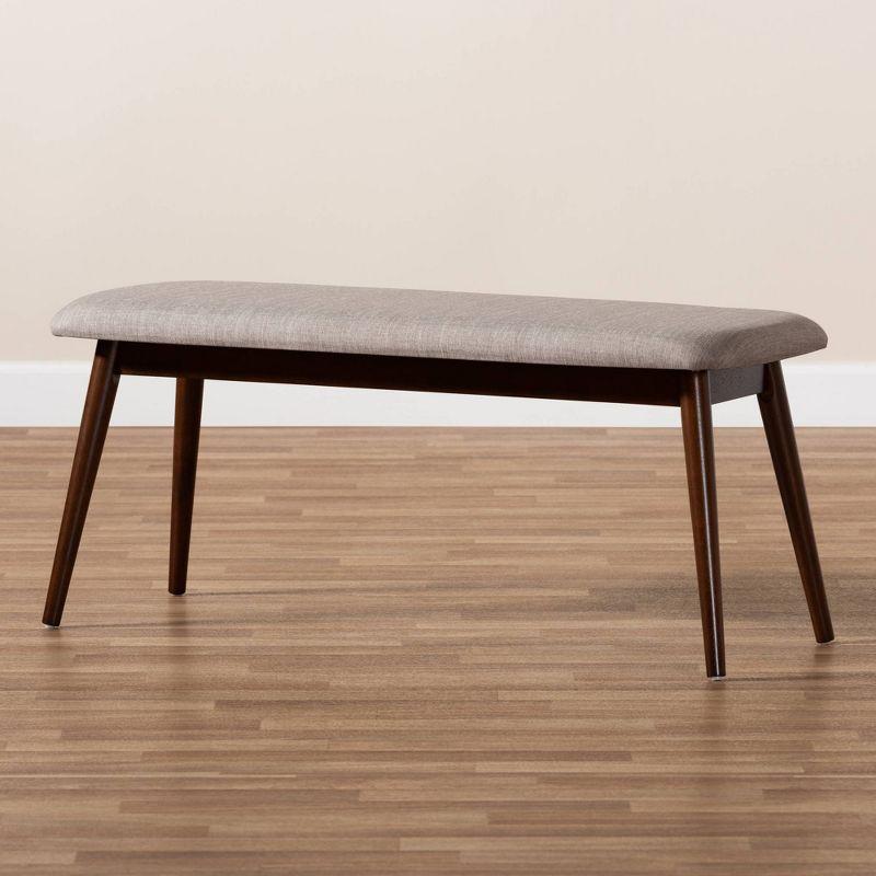 Flora Mid-Century Walnut Finish Light Grey Upholstered Dining Bench