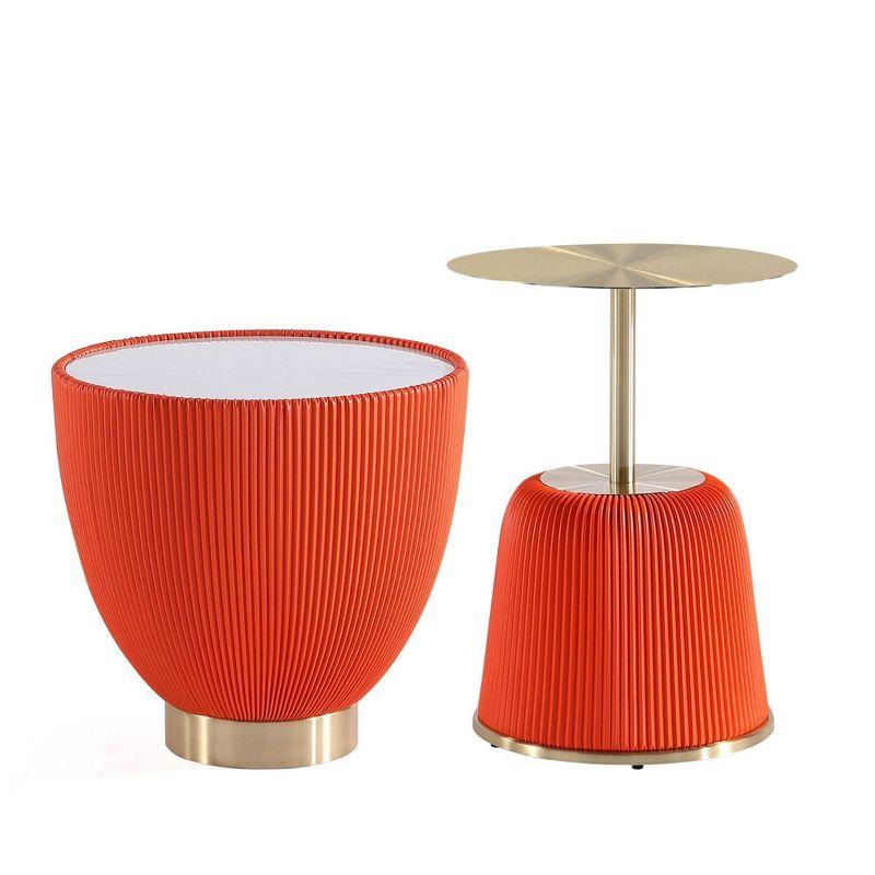 Orange Pleated Leatherette and Gold Metal Round Accent Table Set