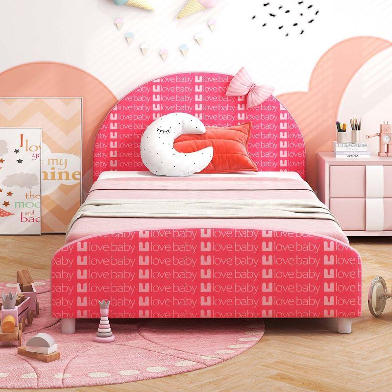 Honeyjoy Children Twin Size Upholstered Platform Single Bed with Headboard & Footboard Pink