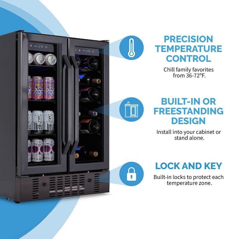 Newair 24" Wine and Beverage Refrigerator and Cooler, 18 Bottle and 60 Can Capacity, Built-in Dual Zone Fridge in Black Stainless Steel