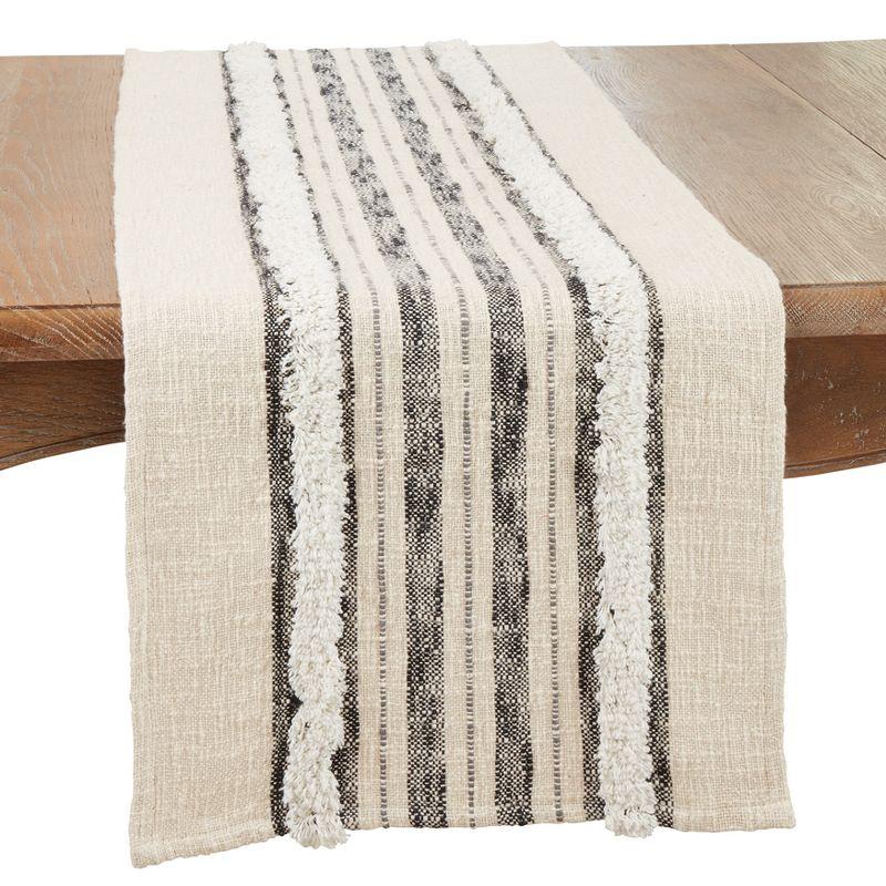 Beige and Black Cotton Tufted Stripe Table Runner