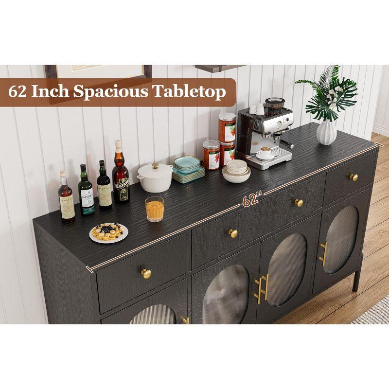 62" Large Sideboard Buffet Cabinet with Storage and 3 Drawers, Buffet Table Coffee Bar Storage Cabinet with 4 Glass Doors