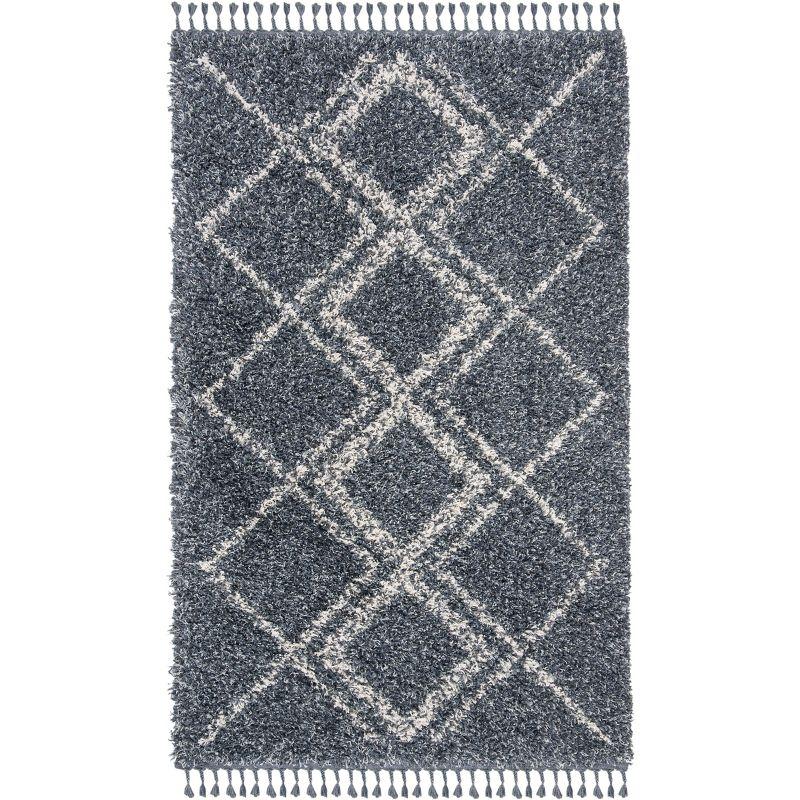 Boho-Chic Blue Geometric Shag Area Rug 5' x 8'