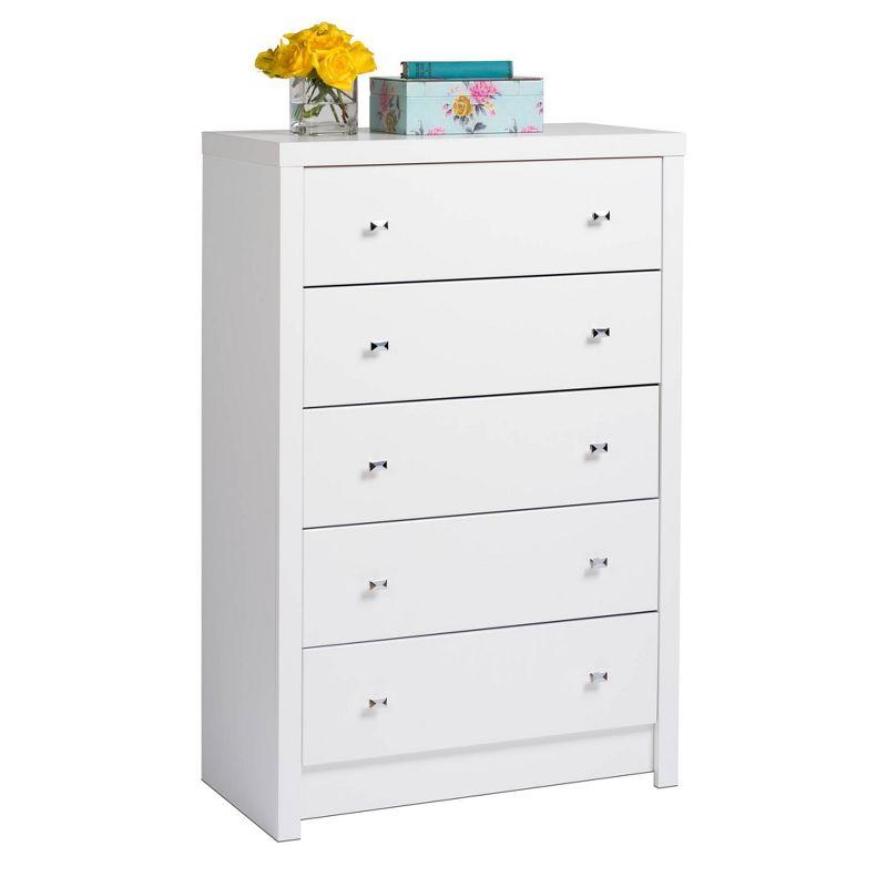 Prepac Calla 5 Drawer Chest White: Chic Cosmopolitan Storage, Chrome Knobs, Laminated Surface