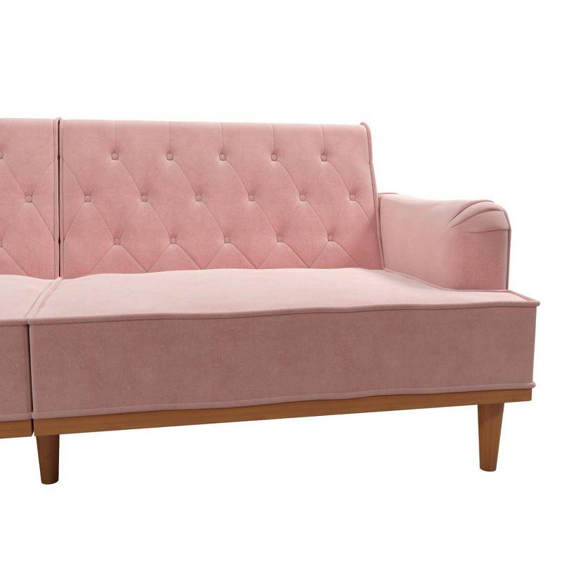 Stella Vintage Pink Velvet Convertible Sofa Bed with Wood Trim