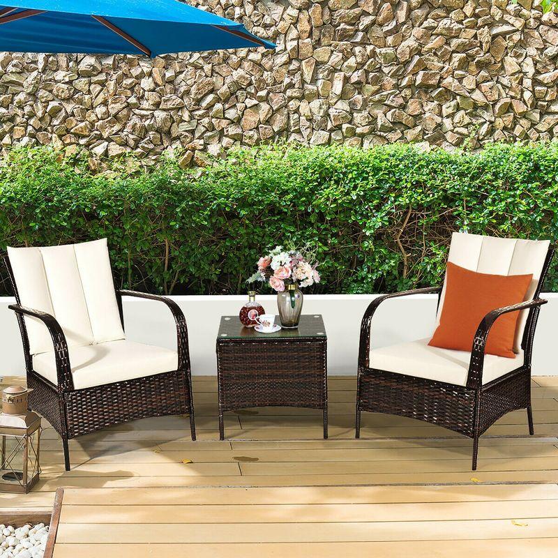 Costway 3 PCS Patio Rattan Furniture Set Coffee Table & 2 Rattan Chair W/White Cushions