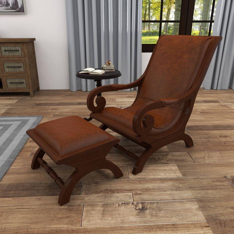 Traditional Teak Wood Accent Chair with Arms and Ottoman Brown - Olivia & May: Leather Upholstered, No Assembly Required