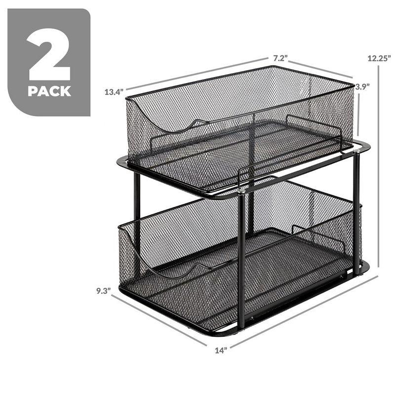 Sorbus 2 Pack 2 Tier Baskets with Mesh Sliding Drawers - Ideal Cabinet, Under the Sink, etc - Great for Bathroom, Kitchen, Office, etc. (Black)