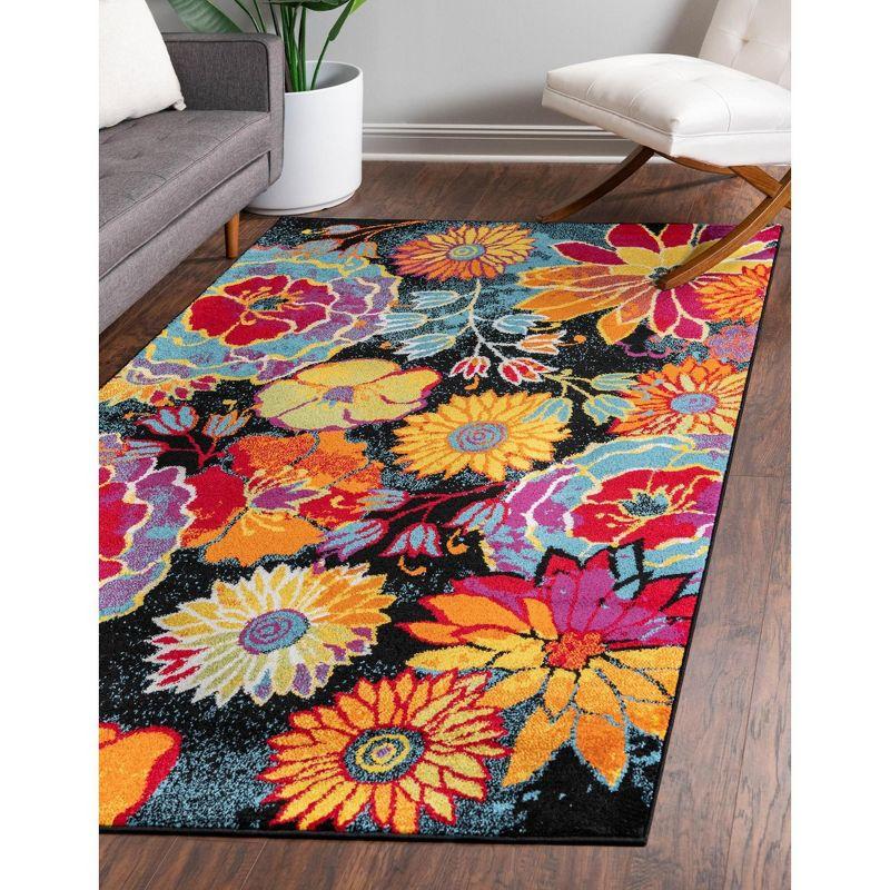 Black Floral Synthetic Rectangular Indoor Area Rug