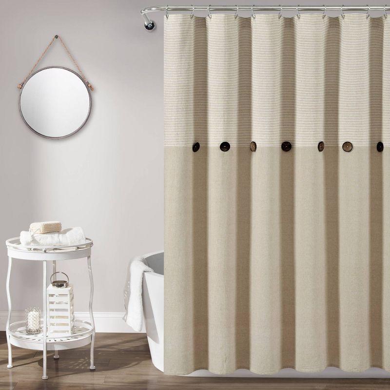 Beige Linen Button Striped Woven Cotton Shower Curtain