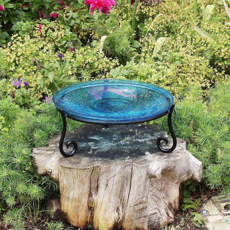 Teal Crackle Glass Birdbath Bowl with Wrought Iron Stand