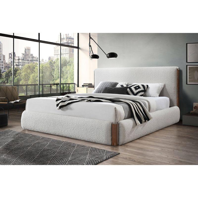 88.98" Queen Bed Sandro Bed White Boucle & Walnut Finish - Acme Furniture: Linen Upholstery, Chrome Frame, No Tools Assembly