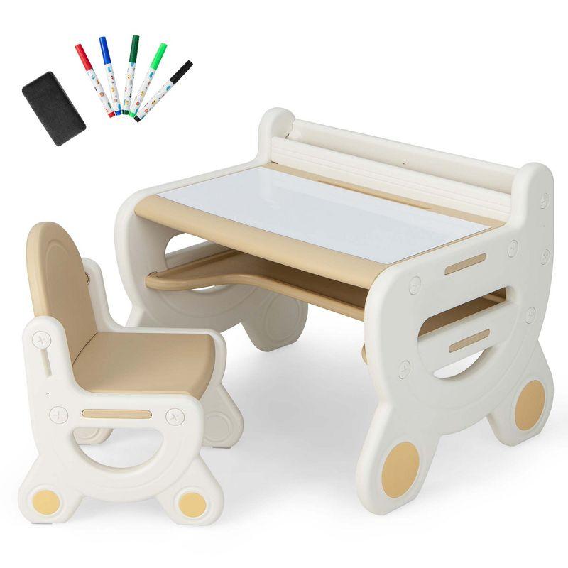 Costway Kids Drawing Table & Chair Set for Reading Playing with Pens & Blackboard Eraser Blue/Brown