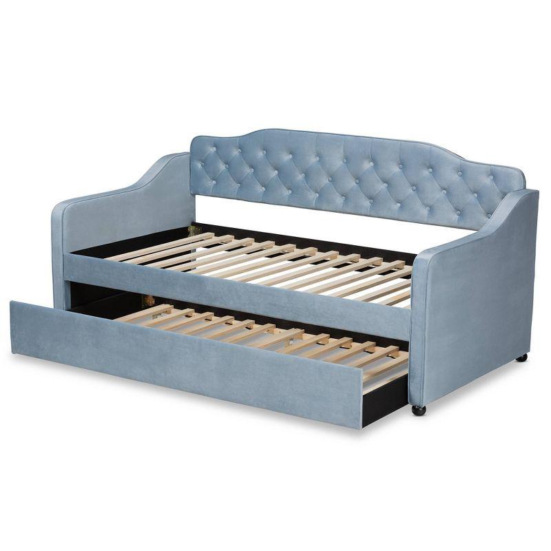 Twin Freda Velvet Tufted Daybed with Trundle Light Blue - Baxton Studio: Upholstered, Mid-Century Modern, No Box Spring Required