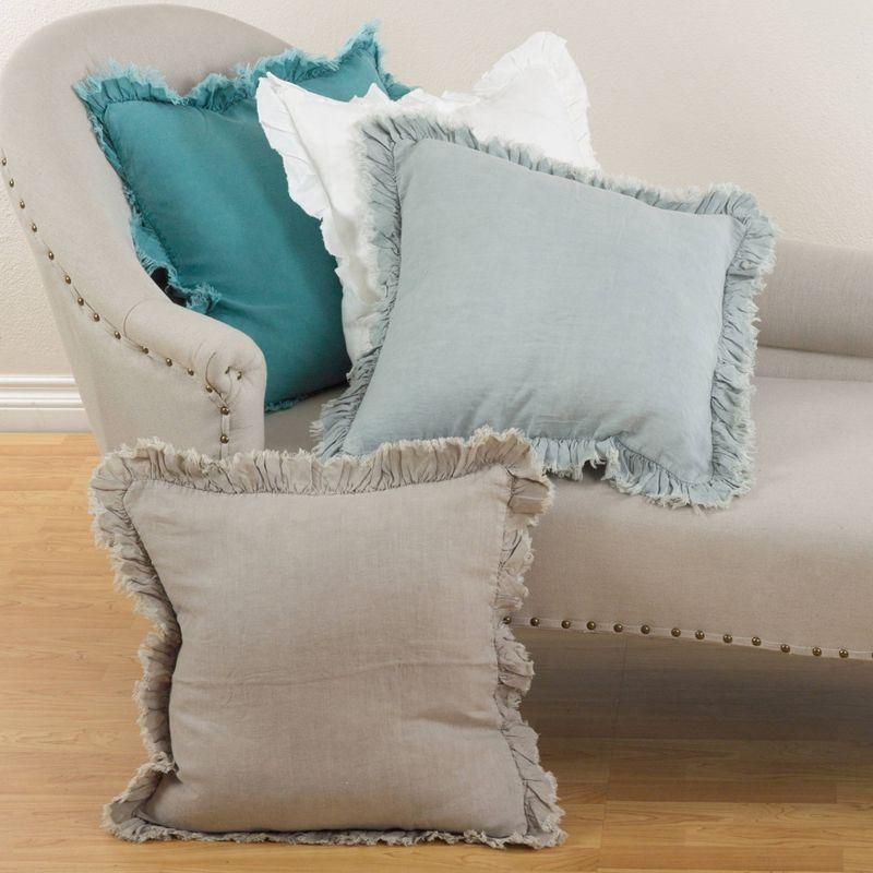 Blue Ruffled Linen Square Throw Pillow with Down Fill