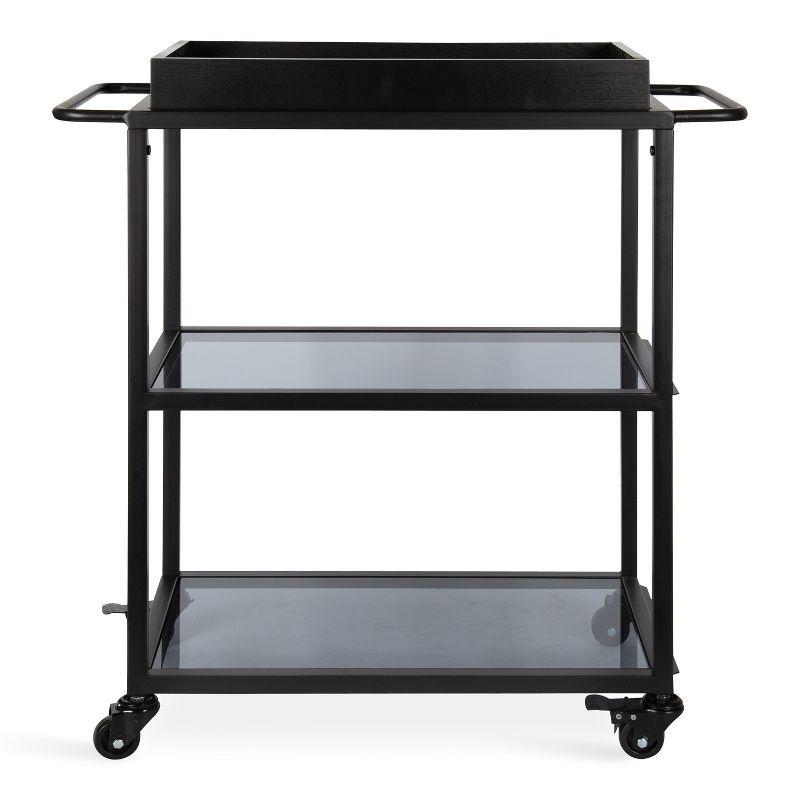 Black Metal Bar Cart with Glass Shelves and Tray