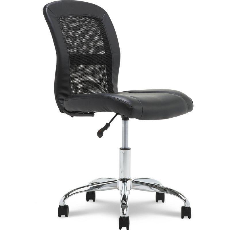 Sleek Black Faux Leather Armless Task Chair with Mesh Back