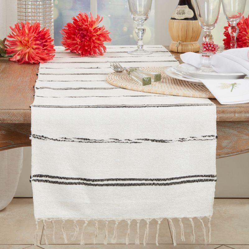 White Cotton Striped Table Runner with Fringe, 16"x72"