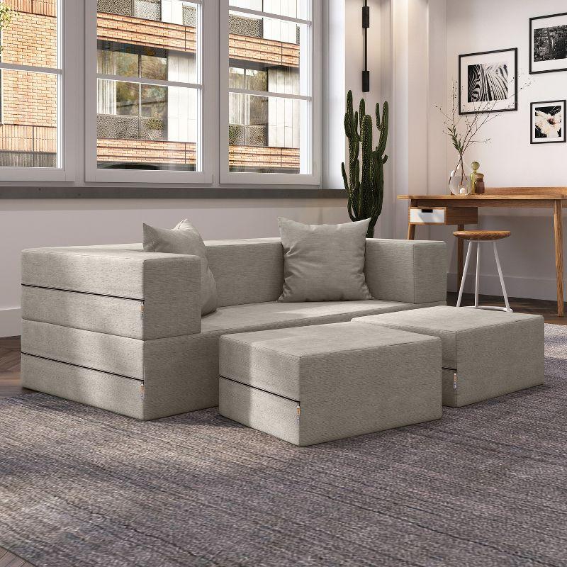Jaxx Zipline Convertible Sleeper Loveseat & Ottomans, Textured Microvelvet - Dove Grey